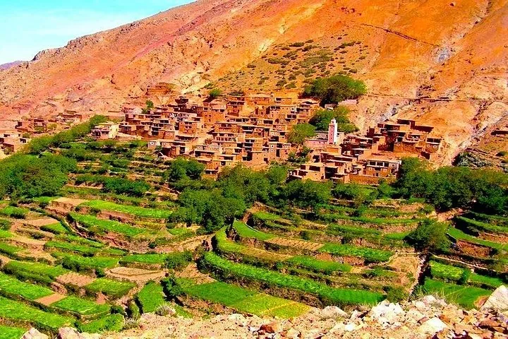 Village with red-earth houses surrounded by green terraced fields in Toubkal