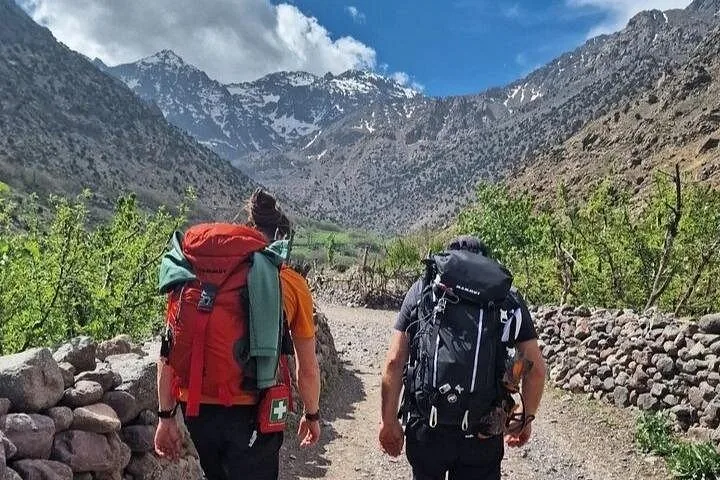 Deux randonneurs portant de grands sacs à dos marchent sur un sentier vers les montagnes