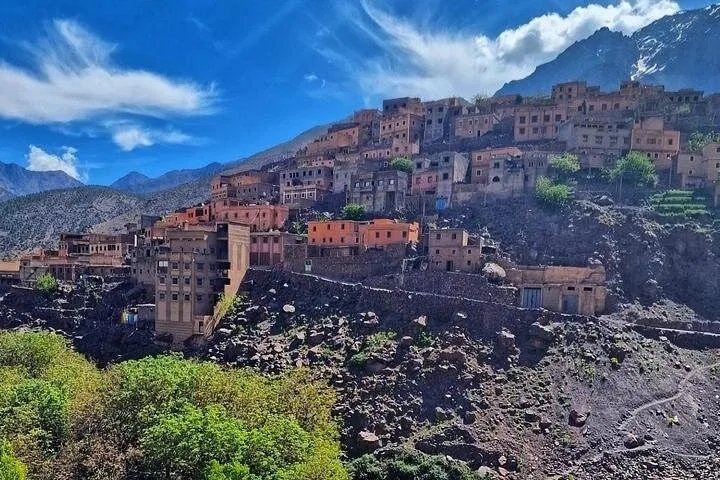 Traditional terraced village built into the rocky hillside of Toubkal National Park